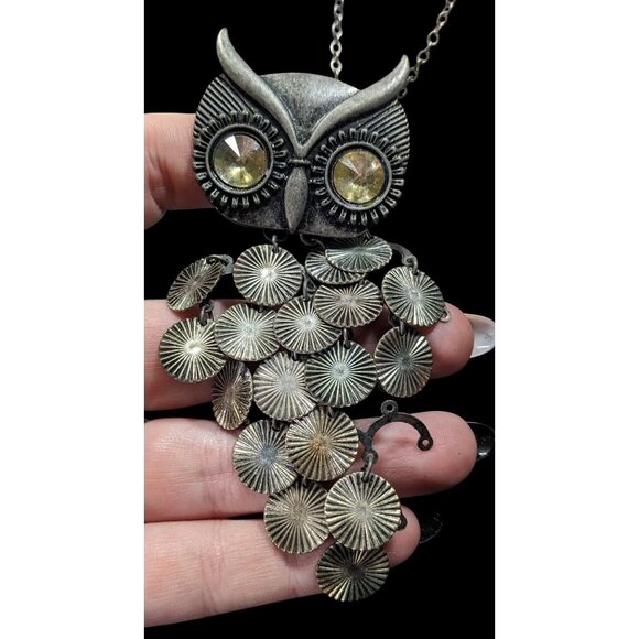 Quirky Y2K Own Pedant Necklace With Disc Fringe Feathers And Yellow Gem Eyes - Picture 3 of 10